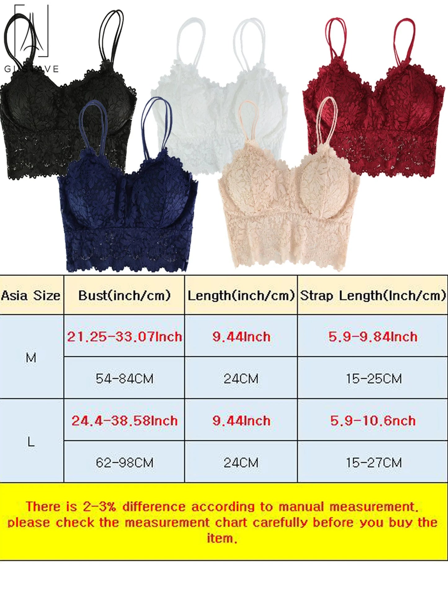 3 Pack Women Sexy Lace Padded Camisole V Neck Crochet Bralette Half Bra Spaghetti Strap Crop Tops Vest "Red, L"