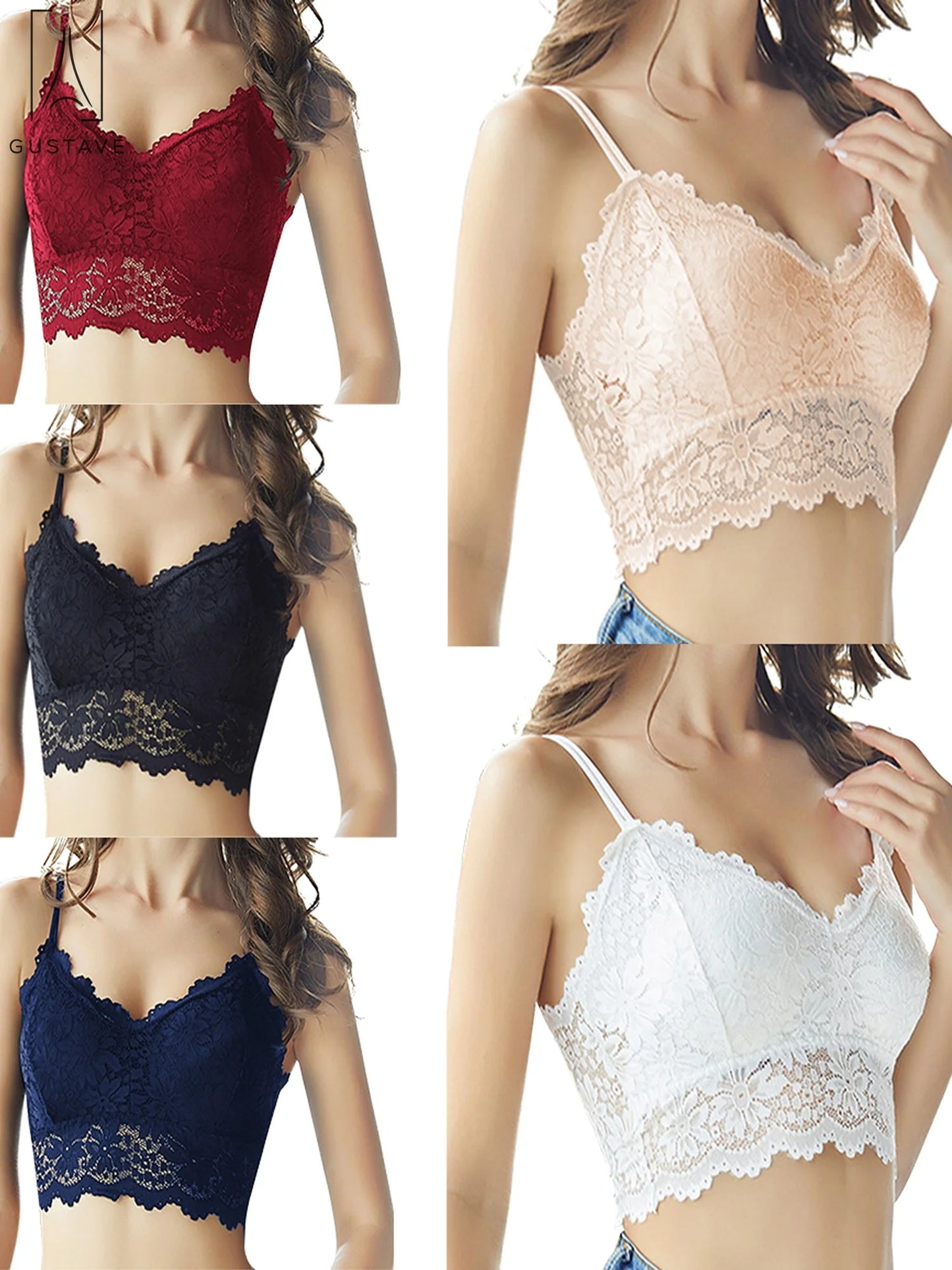 3 Pack Women Sexy Lace Padded Camisole V Neck Crochet Bralette Half Bra Spaghetti Strap Crop Tops Vest "Red, L"